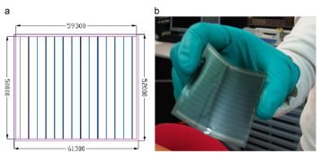 (a) 组件布局；(b) 聚酰亚胺基底柔性组件实物图