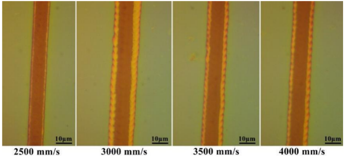 不同激光划线速度下的P1划线区域显微图像
