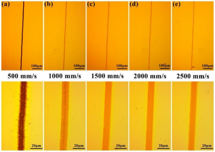 激光功率为2.1W时，不同速度下的P1划线显微图像