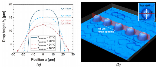 (a) 喷墨打印的热熔墨滴在覆盖有氧化铟锡层的平面基板上的轮廓（基板温度范围为17至26°C）。每个轮廓代表在一条线上打印的五个液滴的平均值（打印头设定温度95°C），液滴间距为51 µm，如(b)所示。液滴轮廓沿(b)中红色标记进行评估。(a)中曲线的相对误差估计为5%