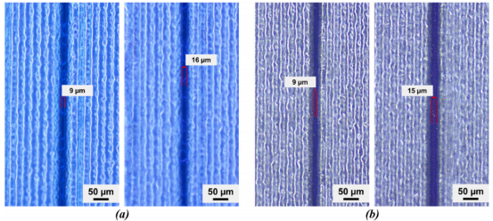 在覆盖有氧化铟锡层的平面(a)和织构化(b)基板上，喷墨打印（打印方向自下而上）的掩模/电镀阻挡层。掩模中用于后续电镀金属沉积的开口宽度为9–16 µm。打印期间基板温度保持在20°C