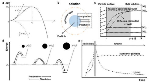 （a）结晶自由能与颗粒半径的关系图。（b）球形颗粒周围扩散区域示意图及（c）反应控制和扩散控制情况下单体浓度[M]随距离x变化的曲线图。（d）不同尺寸颗粒化学势能级偏移示意图。（e）从成核到生长过程中颗粒数量与尺寸分布相对标准偏差σr的关系图