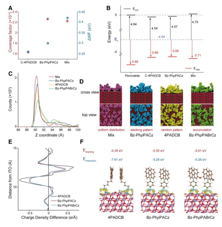 A. 不同SAM在ITO/硅底电池上的表面覆盖因子及引起的功函数变化。B. 钙钛矿与不同SAM/ITO体系的能带对齐示意图。C. 分子密度随距离ITO表面高度的分布曲线。D. 分子动力学模拟展示不同SAM在ITO表面的吸附分布状态。E. 分子/ITO界面处的电荷密度差分图。F. DFT计算得到的分子堆叠能与界面相互作用能对比