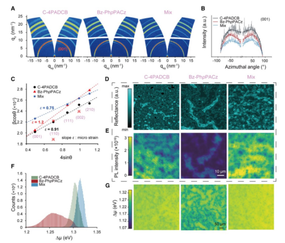 A. 不同SAM上钙钛矿薄膜的二维掠入射X射线散射图谱。B. 钙钛矿（001）晶面取向的方位角分布。C. 基于X射线衍射数据威廉森-霍尔图计算的薄膜微应变。D. 钙钛矿薄膜的光学反射成像图。E. 钙钛矿薄膜的光致发光空间分布图。F. 不同SAM上钙钛矿准费米能级分裂值的统计分布。G. 准费米能级分裂的空间分布映射图