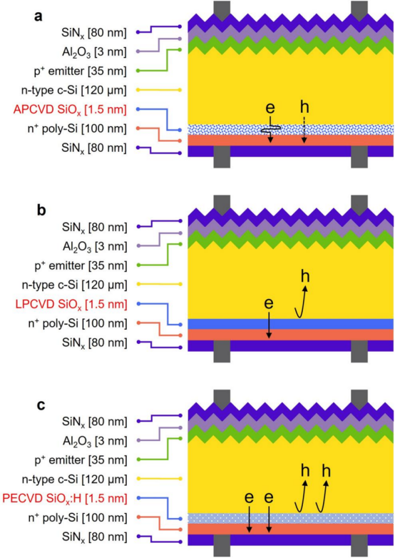 TOPCon 电池结构及其在 (a) APCVD; (b) LPCVD; (c) PECVD 制备的 SiOₓ 接触中的电荷迁移示意图