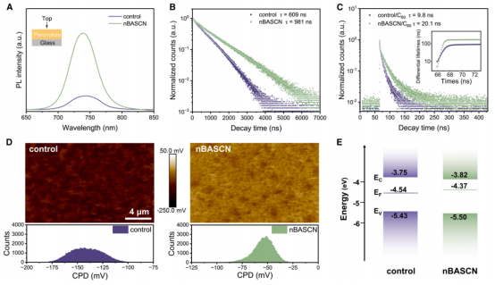 A 沉积于裸玻璃上的对照组与nBASCN干预钙钛矿薄膜的稳态PL谱，B 对照组与nBASCN干预钙钛矿薄膜的TRPL谱图，C 钙钛矿/C₆₀堆叠结构的TRPL谱图，D 钙钛矿薄膜的KPFM图像及表面电势统计分布，E 有无nBASCN湿膜干预的钙钛矿薄膜能级示意图