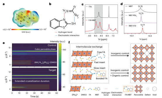 a配体分子的静电势（ESP）映射图b MBT与FA阳离子之间双模式氢键和静电相互作用的示意图c-d核磁共振（NMR）光谱e有无MBT的钙钛膜在退火初期结晶过程中的原位掠入射广角X射线散射（GIWAXS）图谱f 添加MBT后通过调控FA阳离子实现结晶延缓的机制示意图