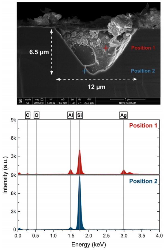 （上）银点下方金属/硅界面的横截面扫描电子显微镜图像。（下）在不同位置测量的能量色散X射线能谱图。成像前已通过化学方法去除了银点和铝细栅