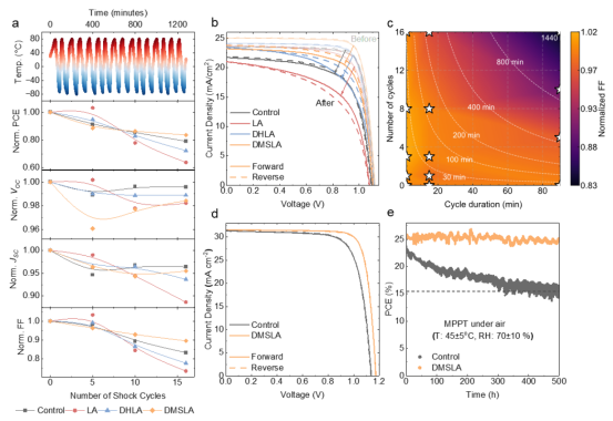 a：热循环温度曲线及16次循环中器件参数的演变b：代表性器件在热循环前后、1倍太阳光下的J-V曲线c：对照器件归一化FF对循环时间/次数的等高线图d：在AM0近似光照（~1360 W/m²）下的J-V曲线e：封装器件在45±5°C、70±10% RH、1倍太阳光下MPPT结果