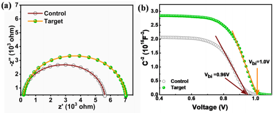 (a)在暗态下、VOC处测量的IPSC的奈奎斯特图，(b)电容-电压（C⁻²-V）图的莫特-肖特基拟合